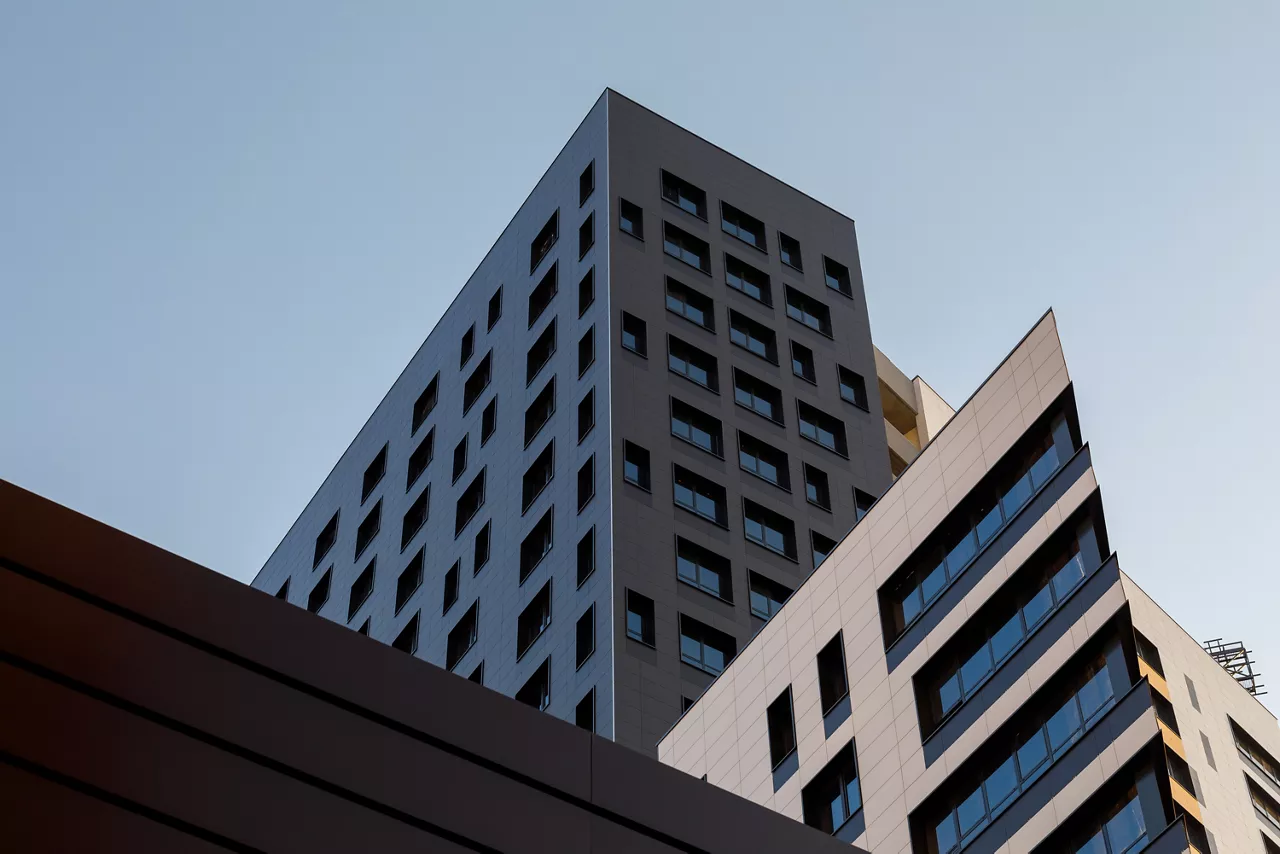 Street level view looking up at office buildings