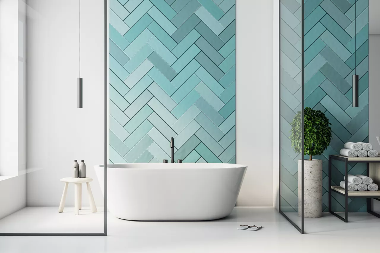 Modern bathroom with blue tiles